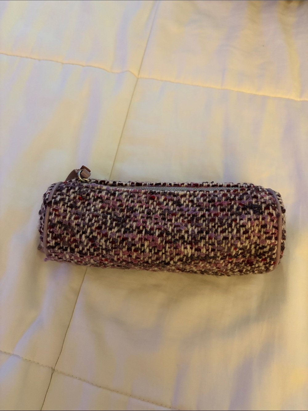 Helen Welsh Woven Tweed Cylinder Cosmetic Pouch in Pink and brown